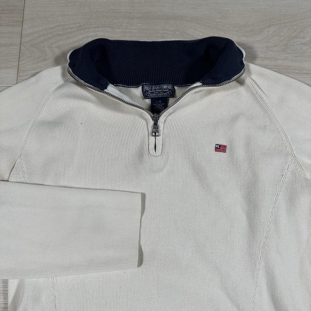 Polo Jeans Co Ralph Lauren Beige Quarter Zip Cotton Knit Sweater Womens Large